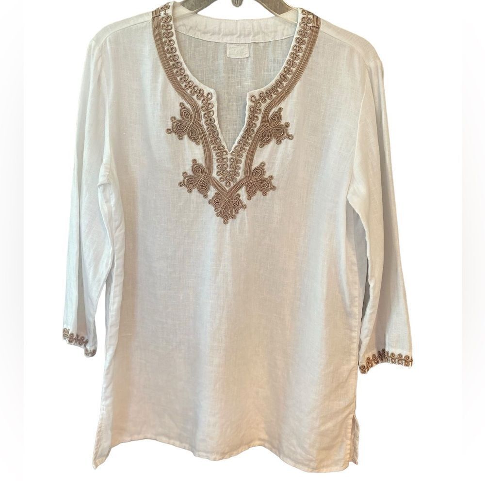 Symple NYC Sz L White 100% Linen Tan Embroidered V-neck Summer  Boho Tunic Top